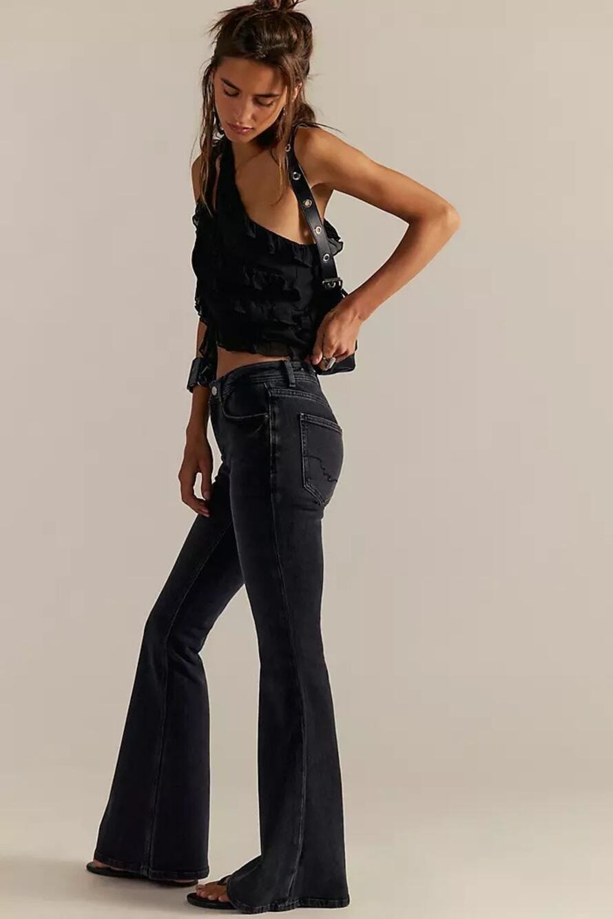 [Free People] Washed Black Low Rise Slim Leg Flare Jeans Stretch Casual Size 26